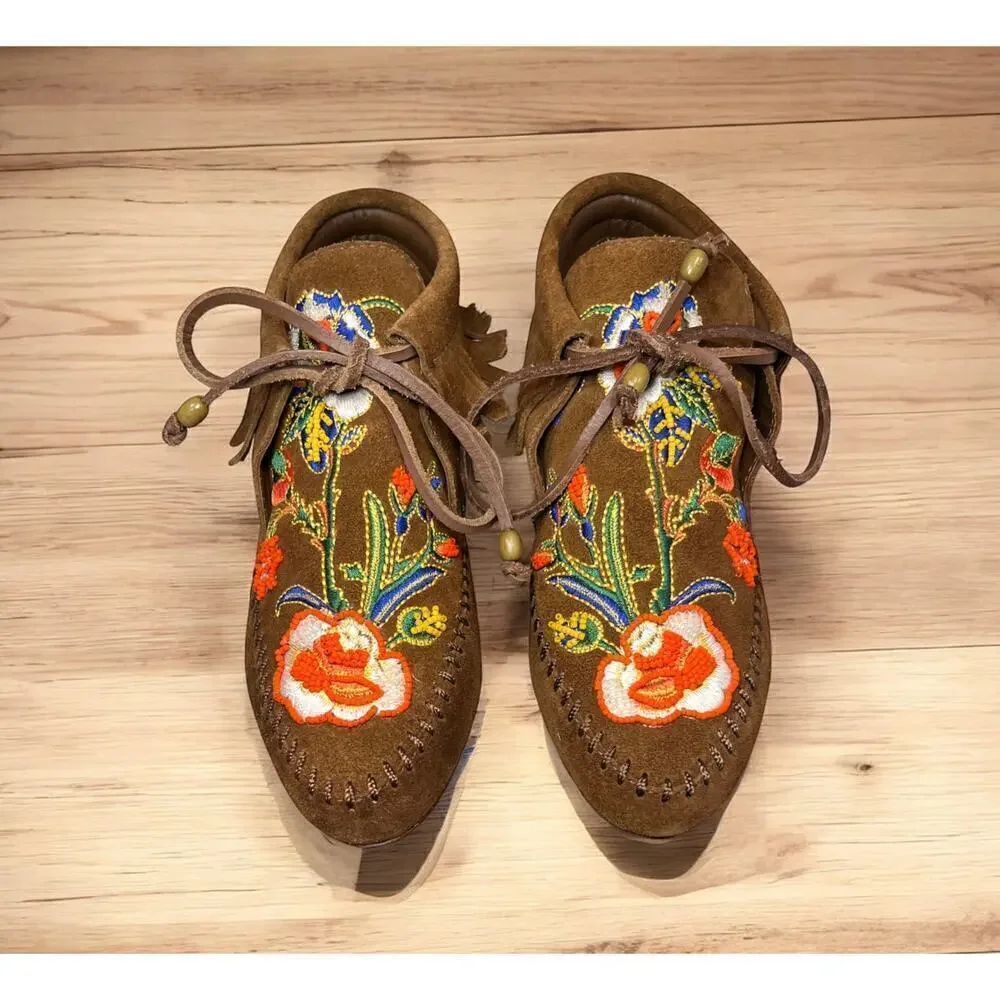 Tory Burch Huntington Beaded Embroidered Fringe Booties Size 6M